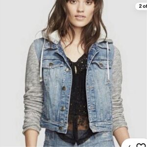 Free People Knit Hooded Denim Jean Jacket Distressed Grey Rinse size S